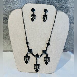 Vintage Black Rhinestone Necklace & Earring Set